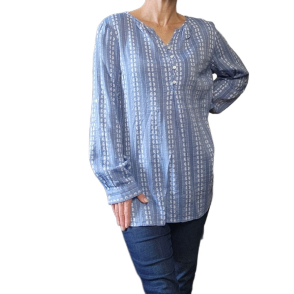 Tunic Blouse Embroidery Blue white colors Long sleeve Cotton Size M TALBOTS
